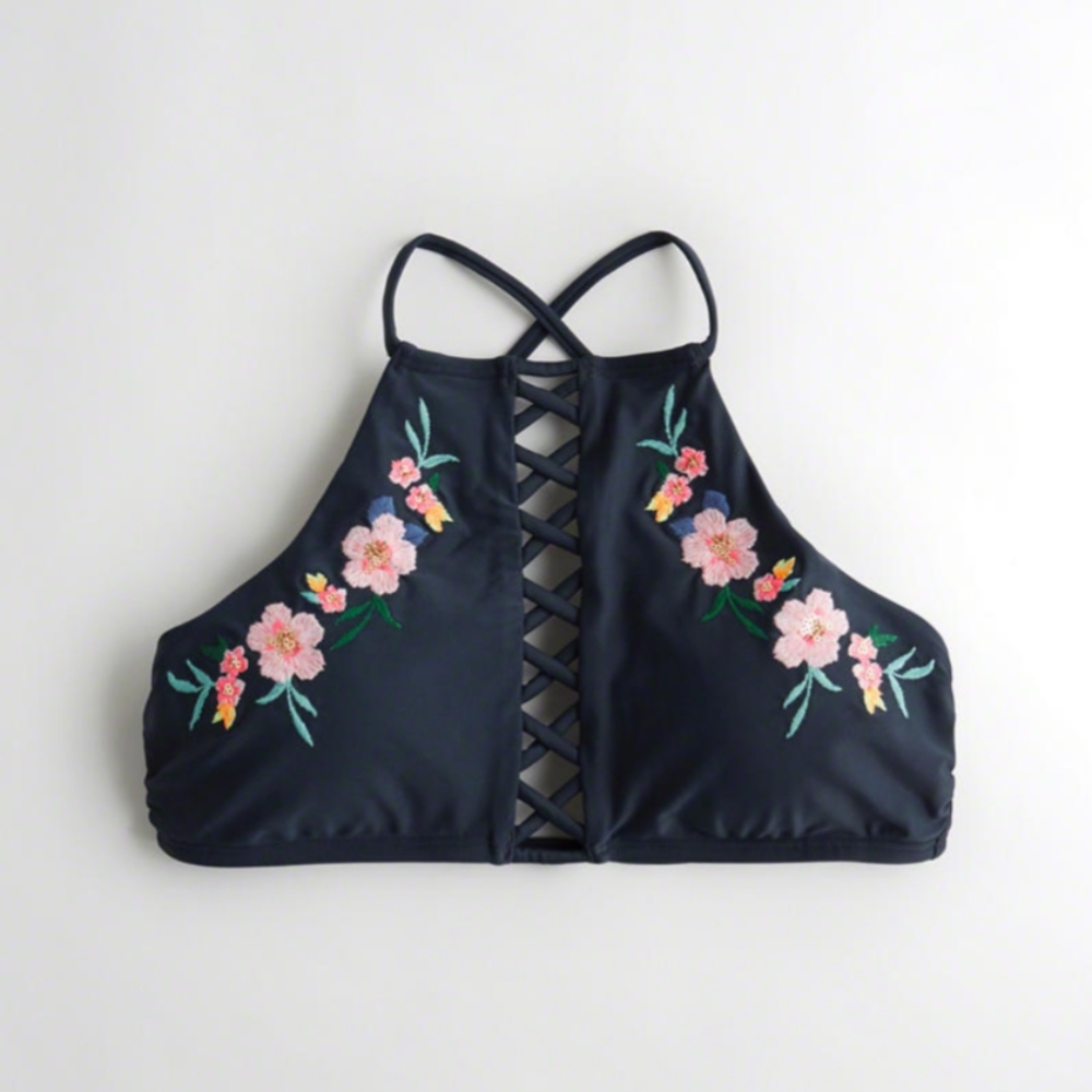 Navy and floral bikini halter top